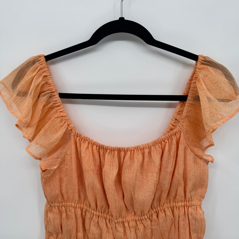 Express Women's M Peach Ruffle Smocked Peplum Top Metallic Thread Cottagecore - Picture 6 of 9